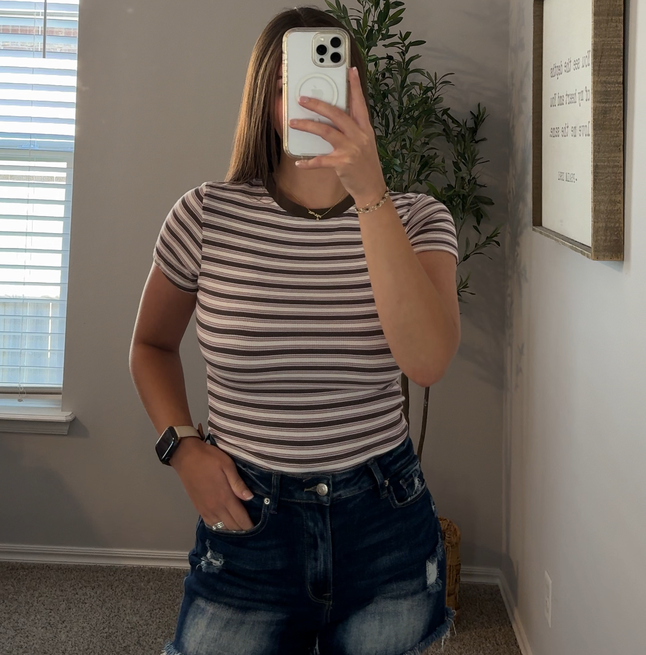 Striped Rayon Ribbed Baby Tee - Mocha/Pink