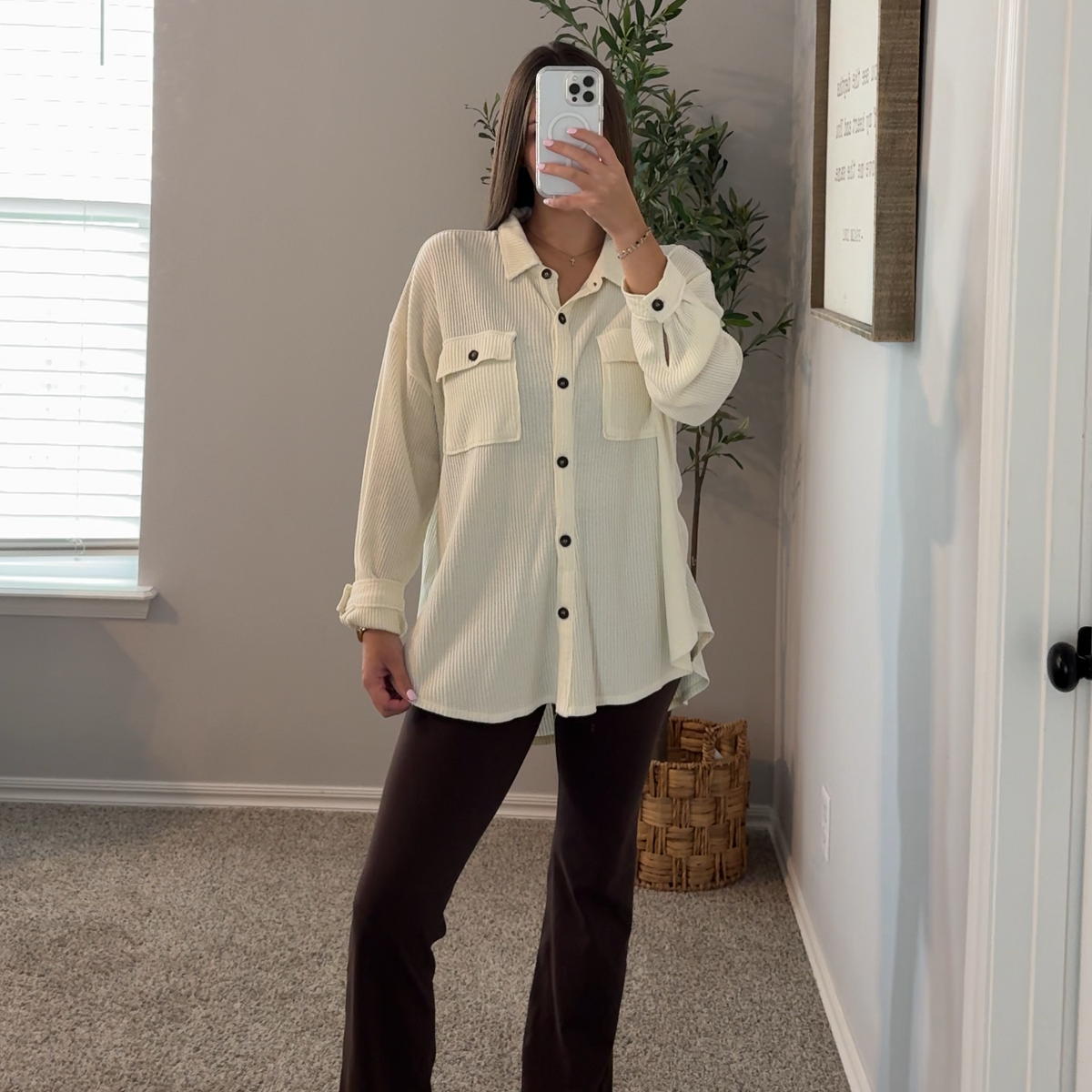 Oversized Waffle Shacket - Cream