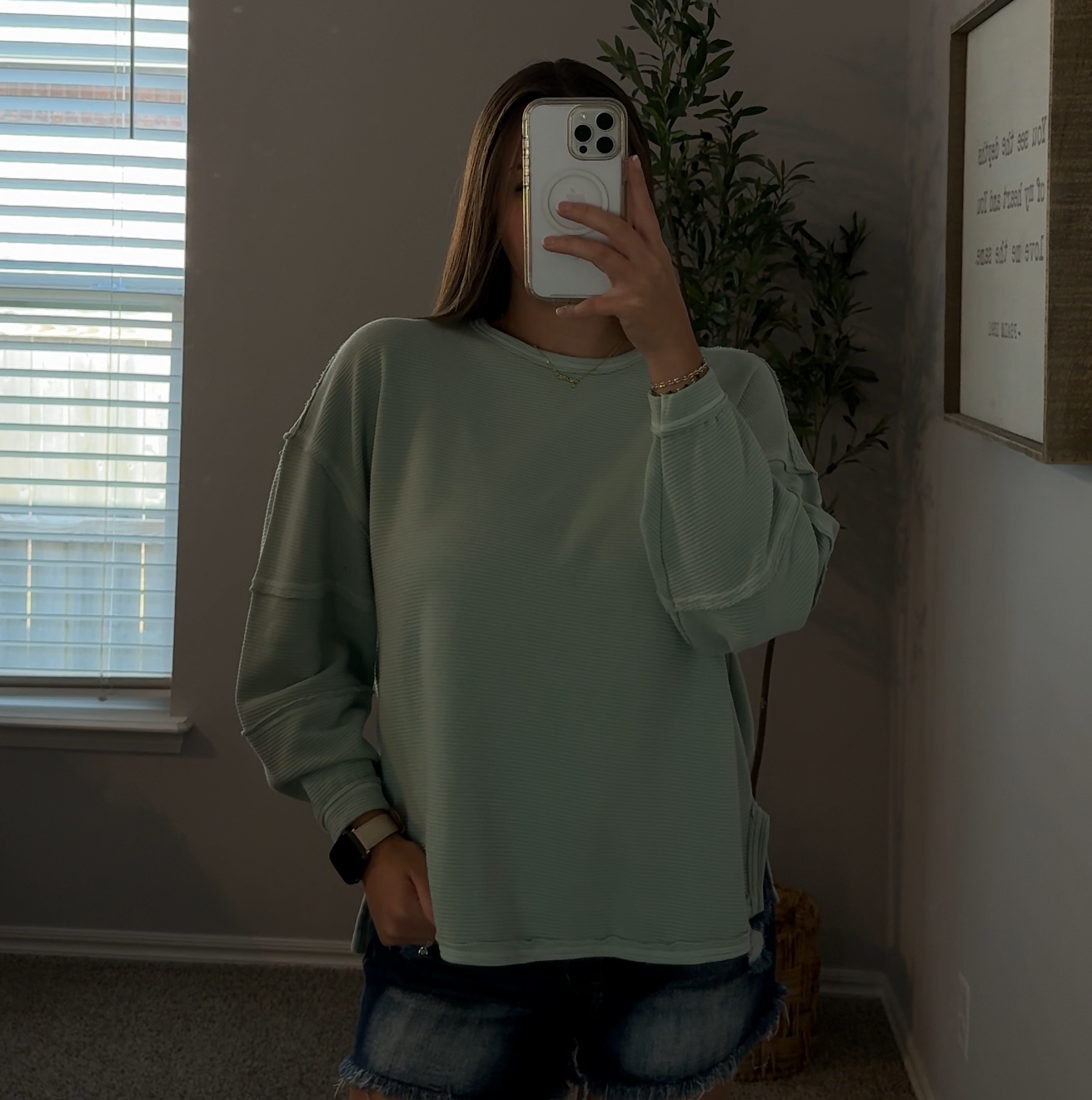 Exposed Seam Detail Long Sleeve Knit Top - Dusty Mint