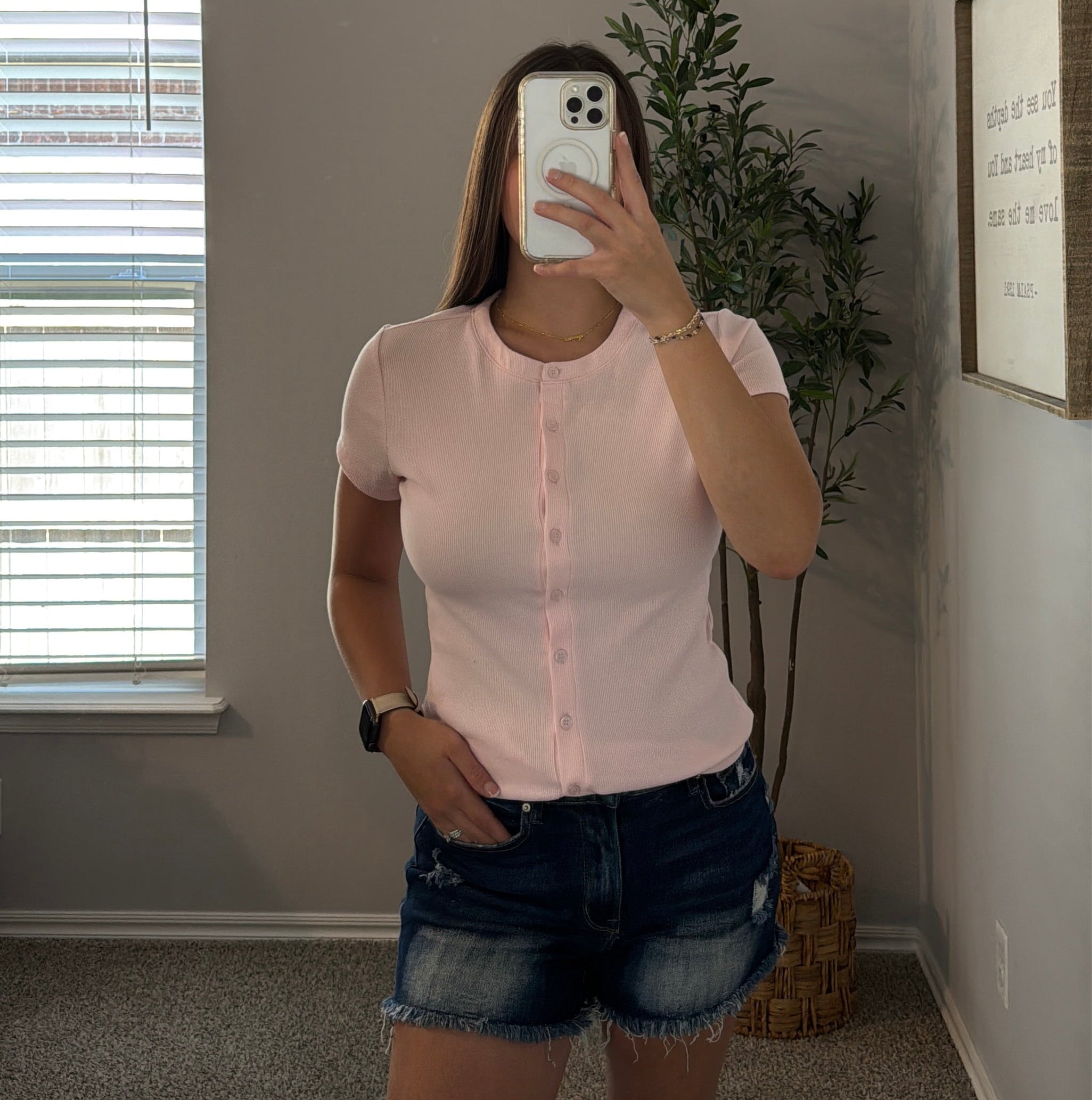 Ribbed Button-front Fitted Crew Top - Pink