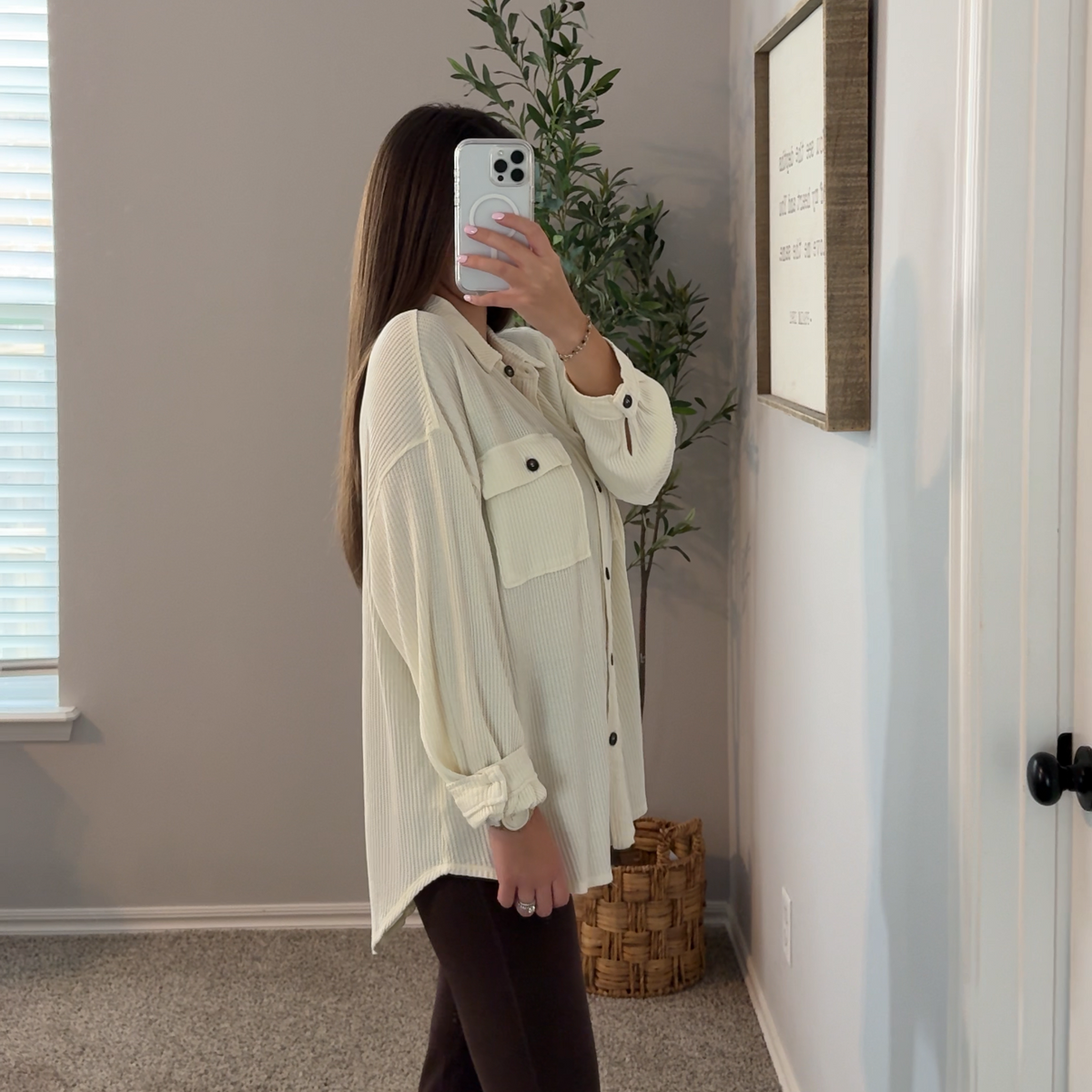 Oversized Waffle Shacket - Cream