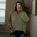 Split Neck Raw Edge Ribbed Knit Top - Light Green