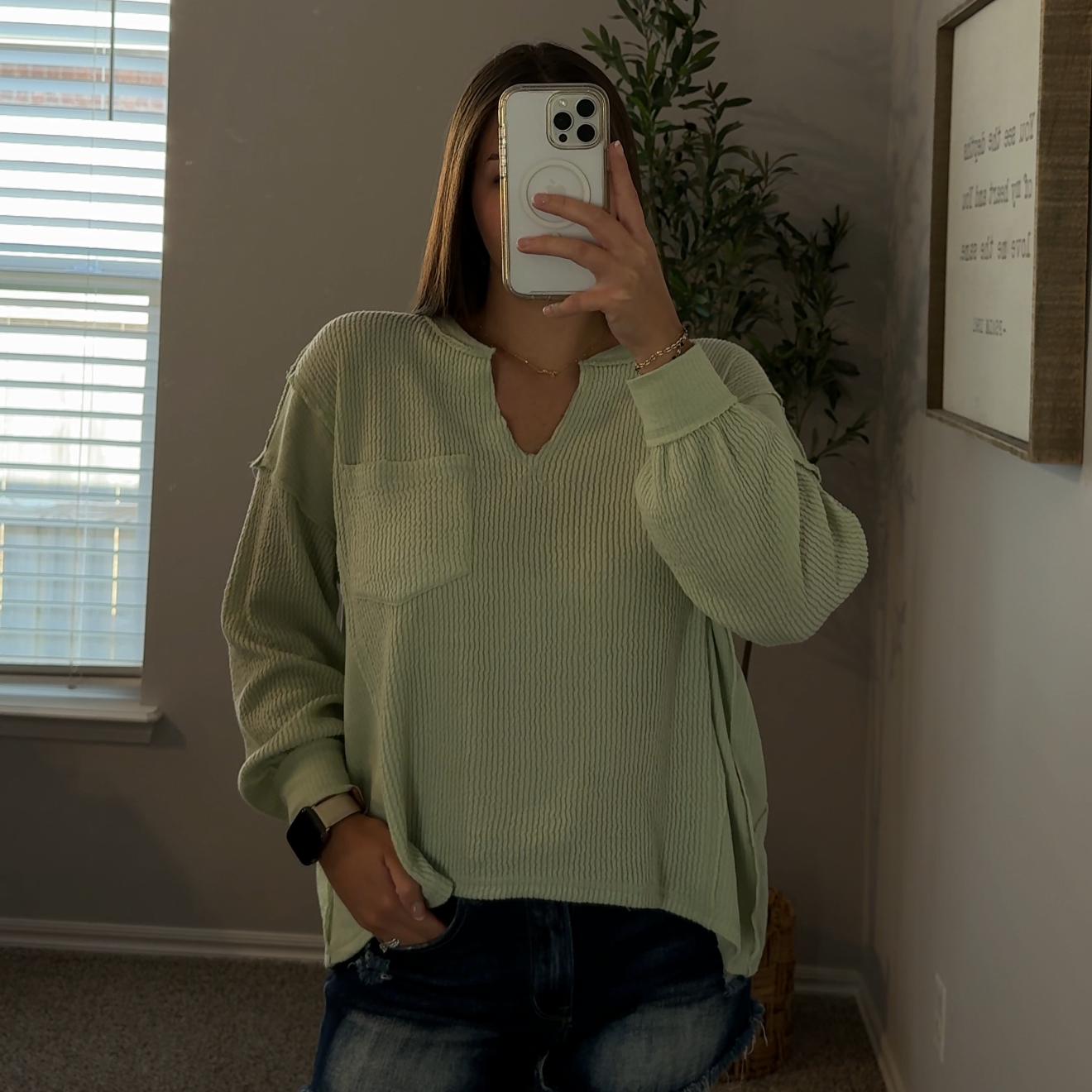 Split Neck Raw Edge Ribbed Knit Top - Light Green