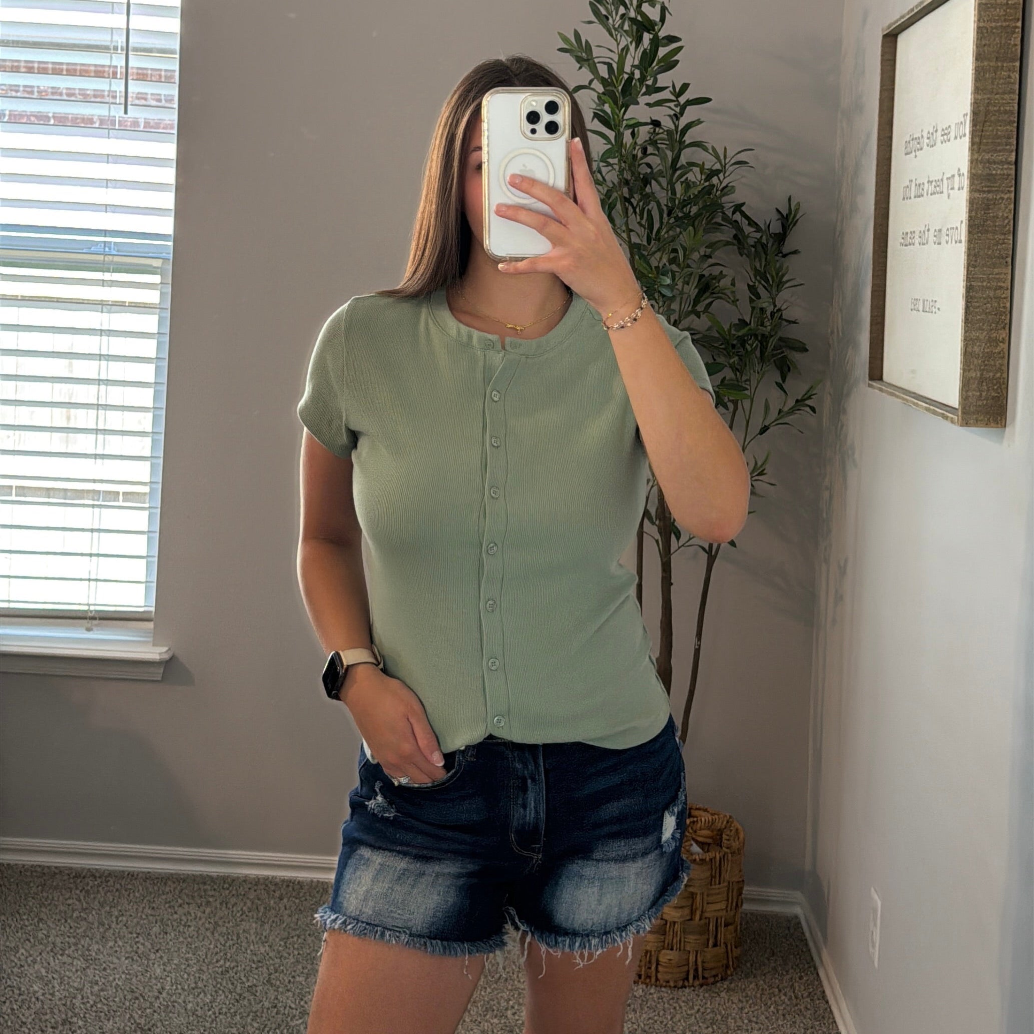 Ribbed Button - front Crew Fitted Top - Sage Green