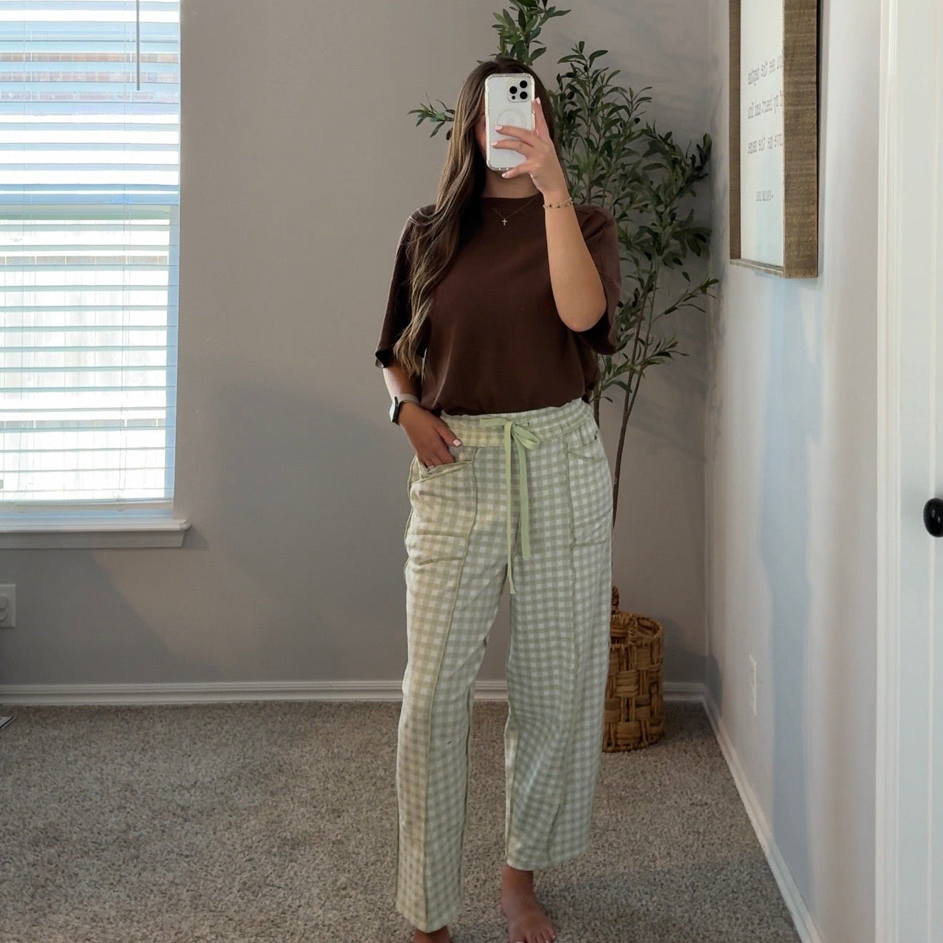 Riley Soft Brushed Gingham Pant - Sage Green