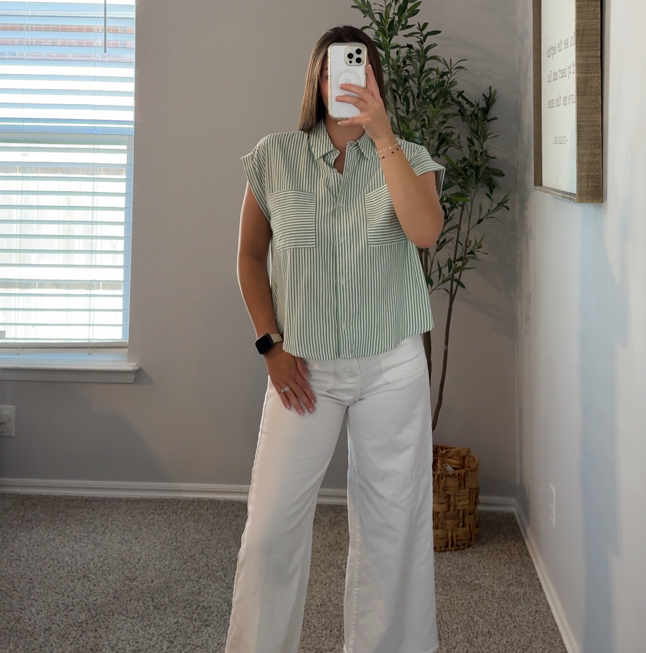 Button Up Striped Top - Sage Green