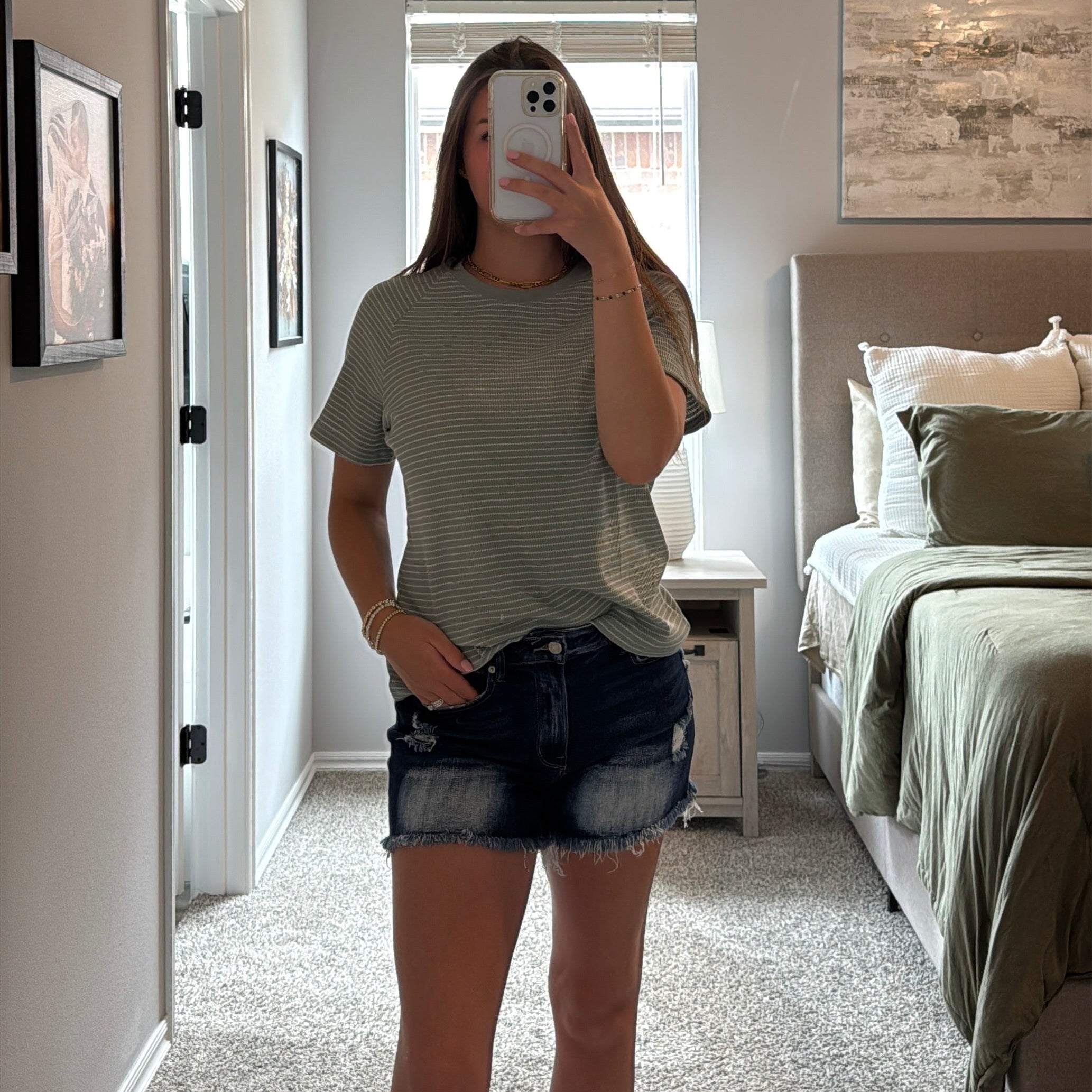 Textured Striped Raglan Tee - Sage Green