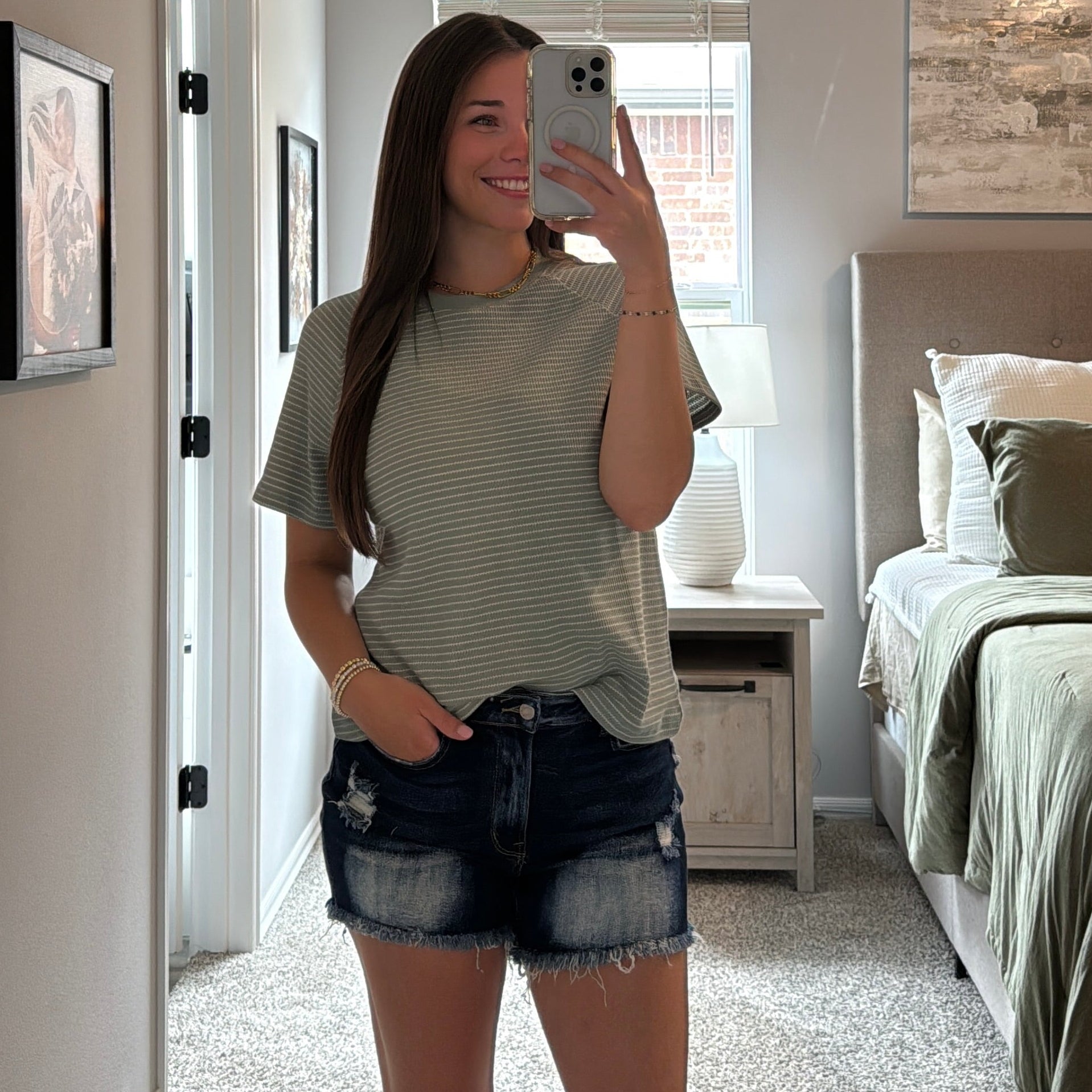 Textured Striped Raglan Tee - Sage Green