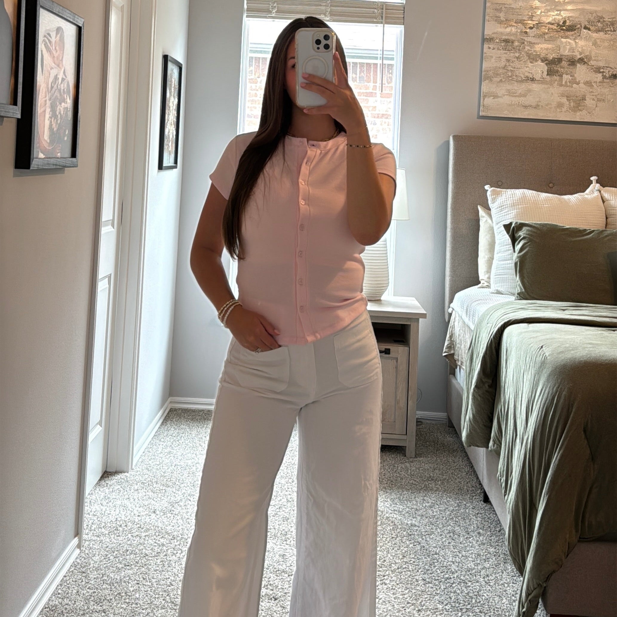 Ribbed Button-front Fitted Crew Top - Pink