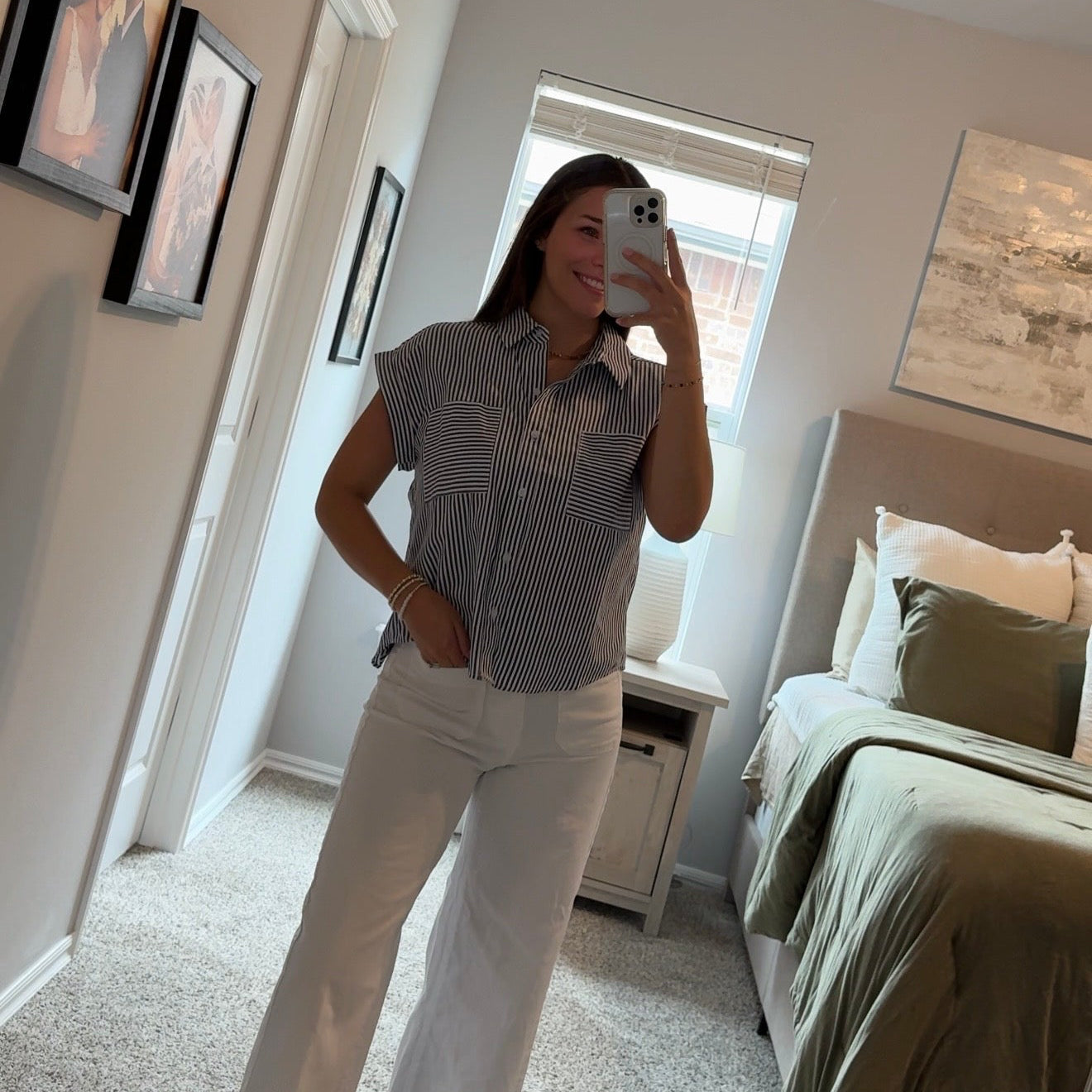 Button Up Striped Top - Navy