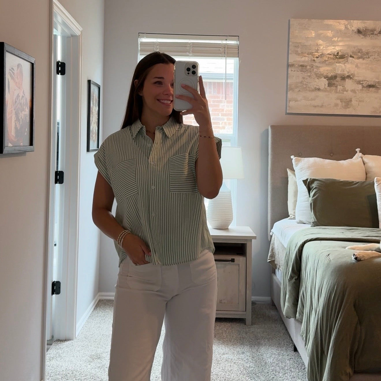 Button Up Striped Top - Sage Green