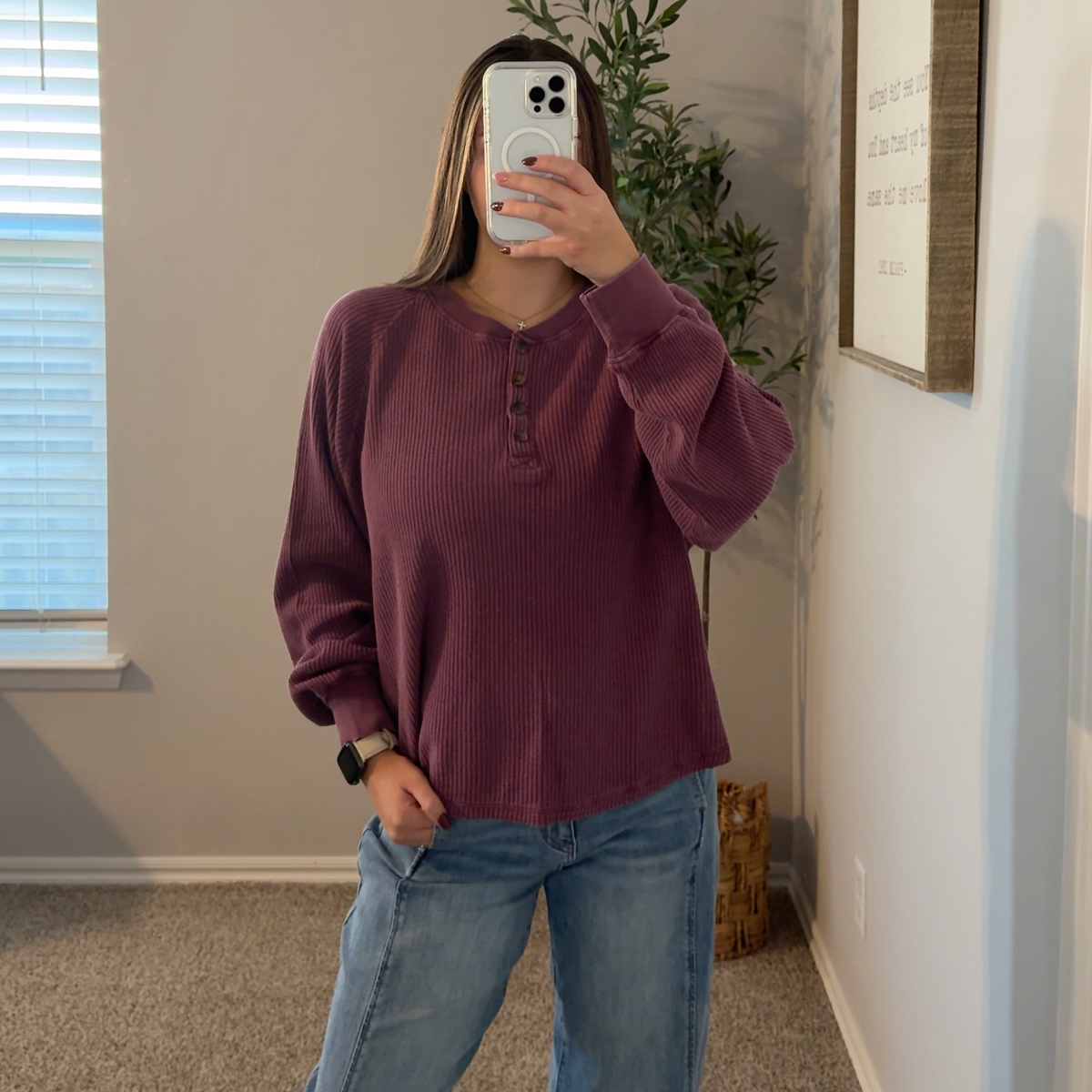 Basic Waffle Henley - DK Cherry